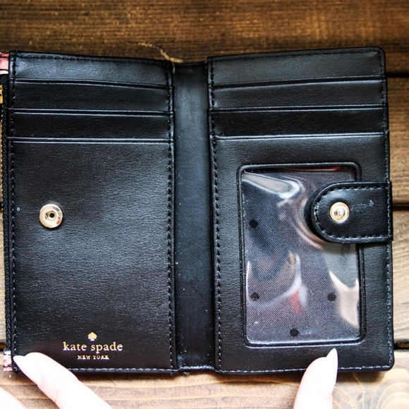 SOLD kate spade nylon bifold wallet pink roses black and white stripes - Picture 2 of 2